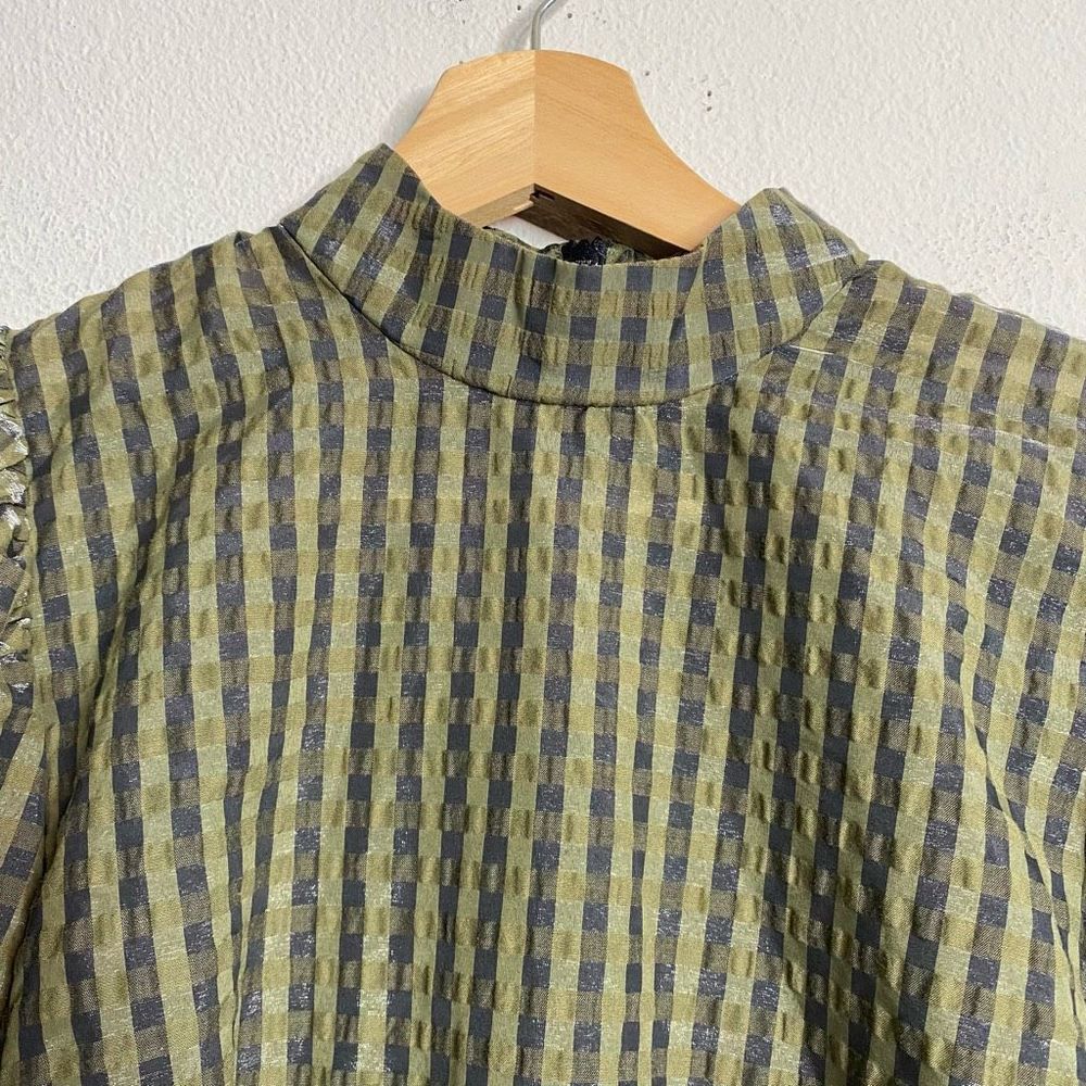 GANNI Dress Seersucker Gingham Mini Dress Green Size 34 - Picture 5 of 11